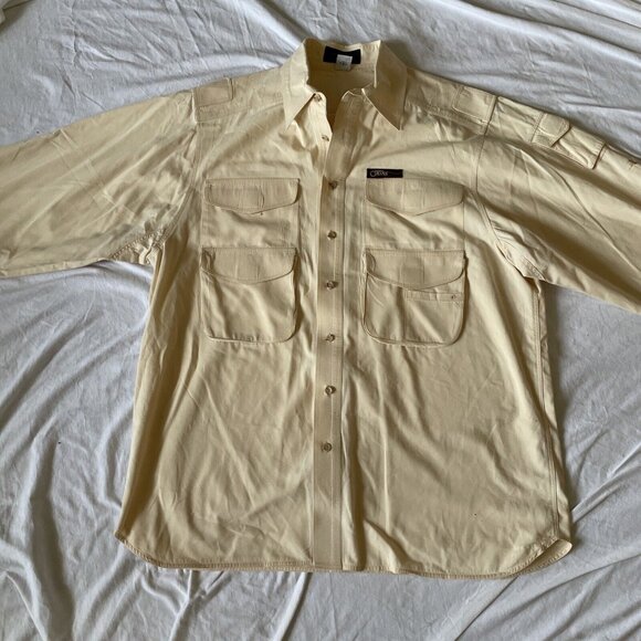 Orvis Mens Beige Long Sleeve Button-Up Shirt Utility Pockets Size L Hunting 100% - Picture 1 of 12